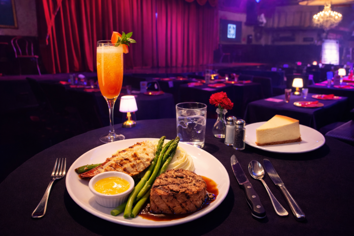 Steak and lobster dinner with cheesecake, cocktail, and water on a table in a dimly lit restaurant.
