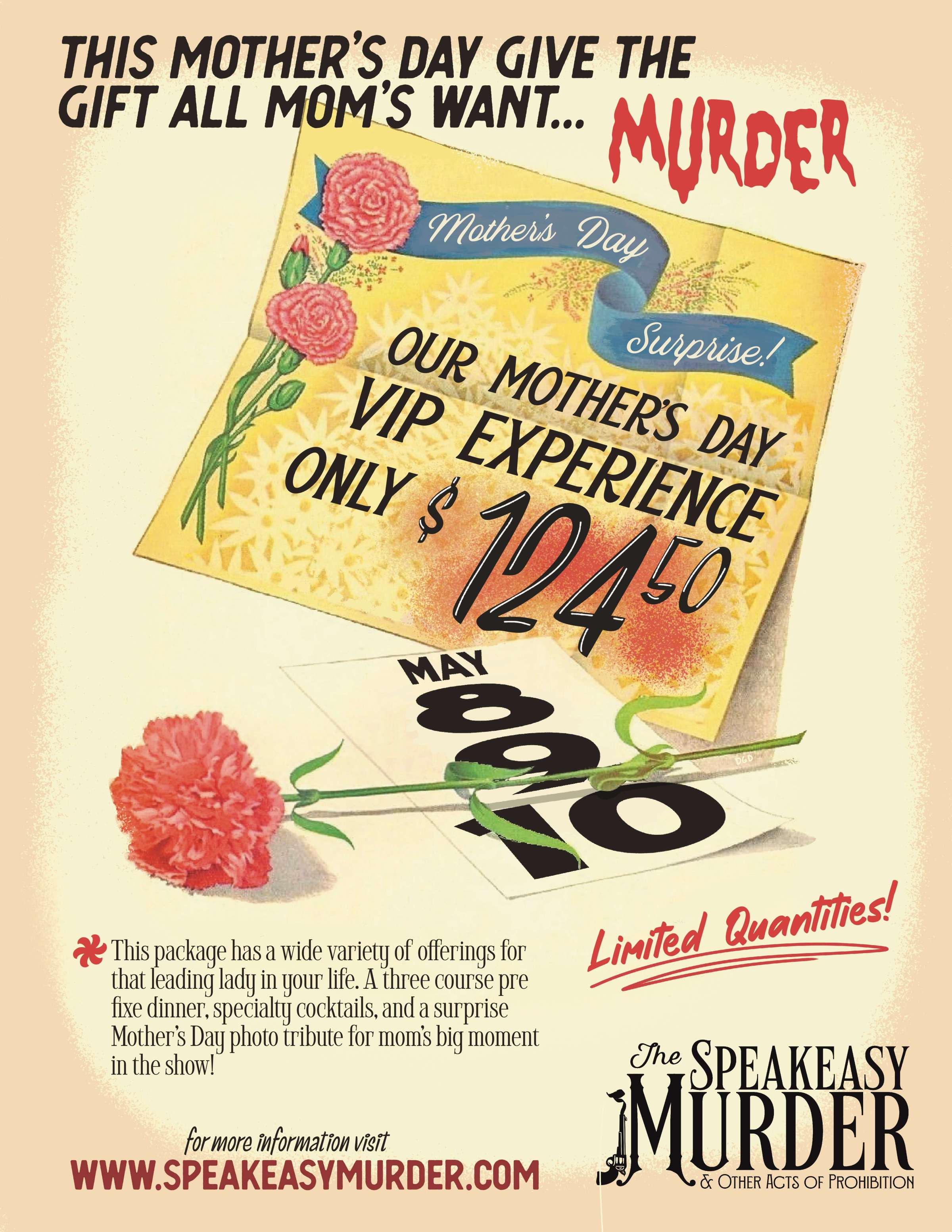 Mother's Day themed murder mystery event promotion with floral decorations.