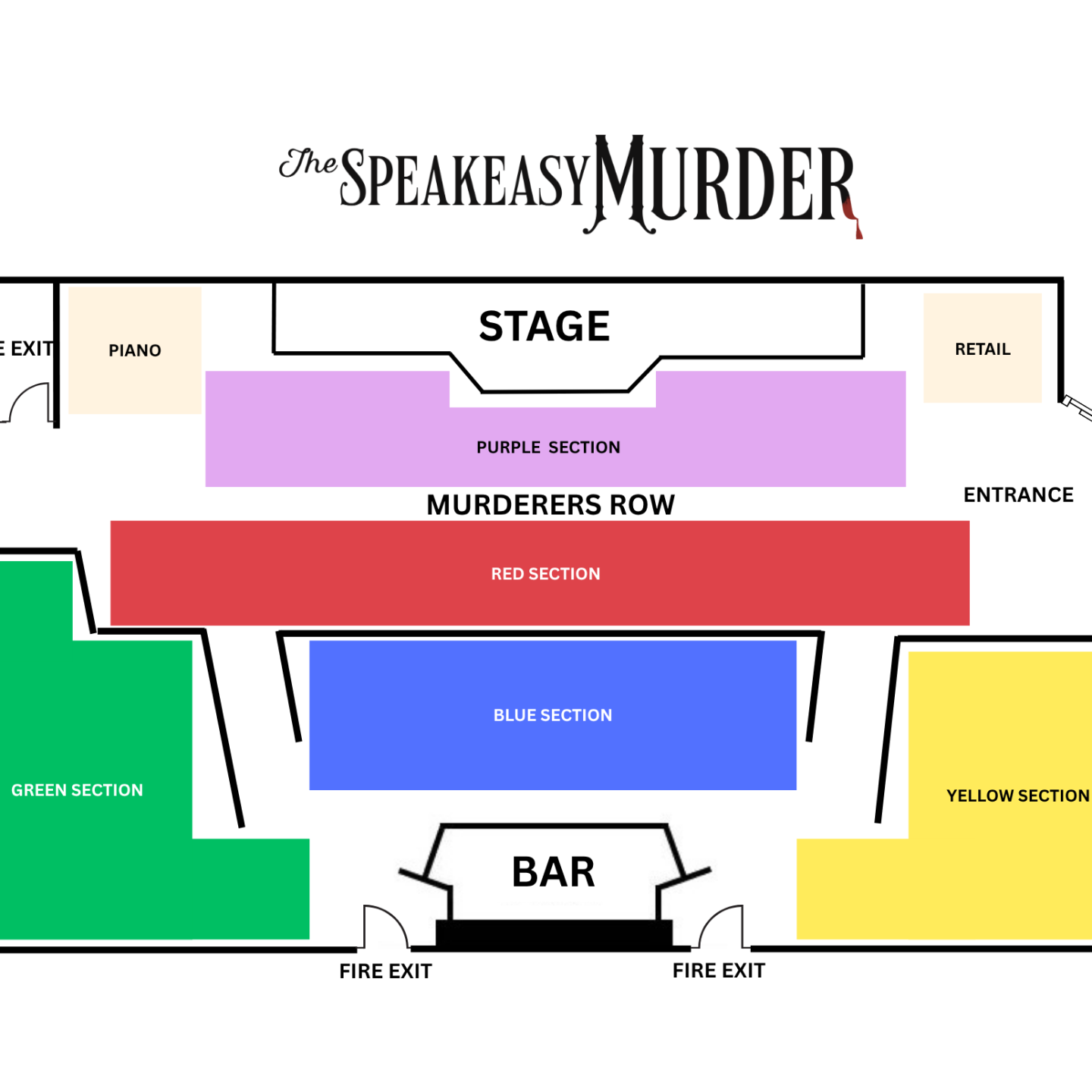 Floor plan for 'The Speakeasy Murder' with color-coded seating sections.