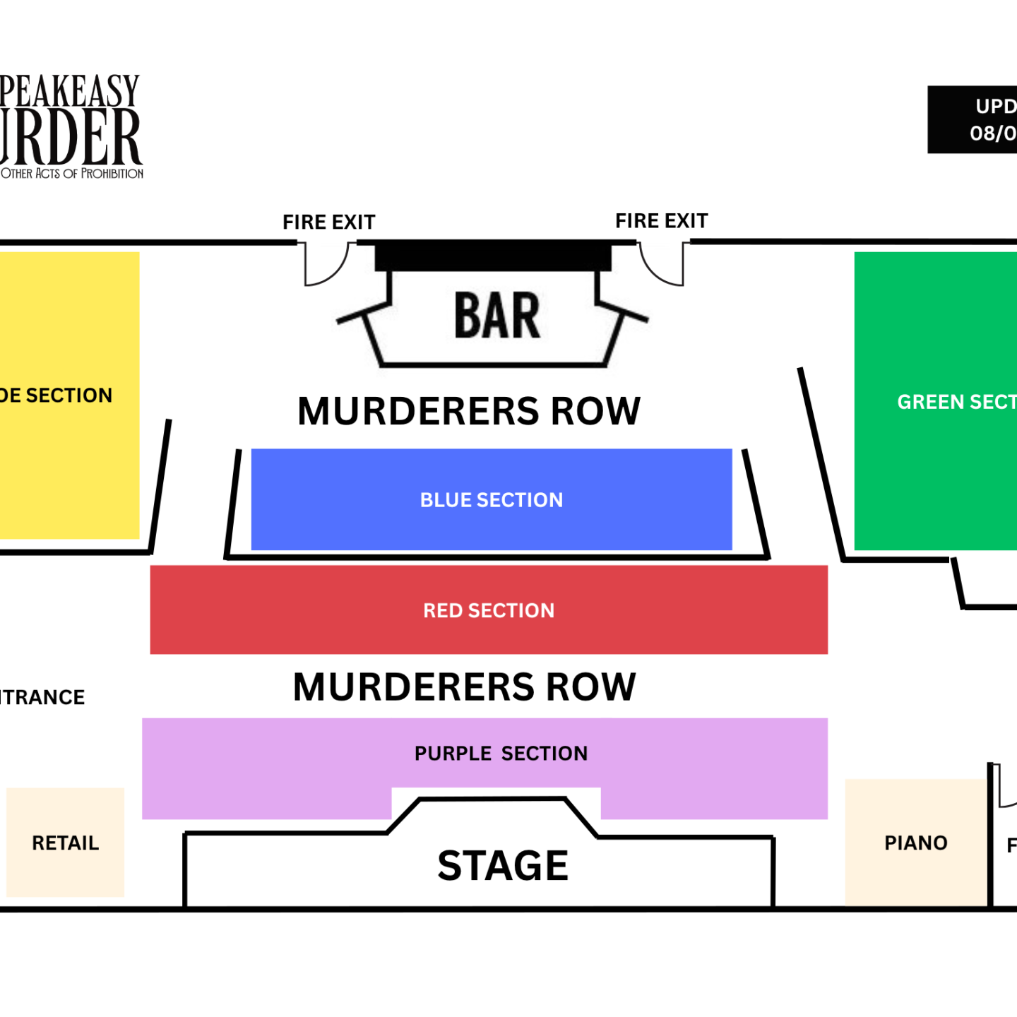 Floor plan with colored sections: bar, stage, entrances, exits, Murderers Row, and seating areas.