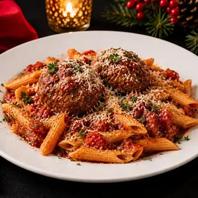 Plate of pasta with meatballs and cheese, festive decor in background.