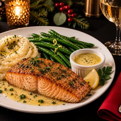 Salmon with herbs, mashed potatoes, and green beans on a plate with a wine glass.