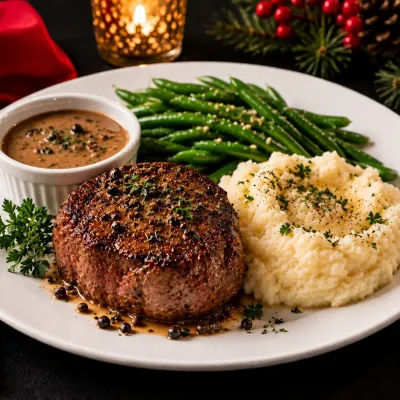 Steak with sauce, mashed potatoes, and green beans on a white plate.