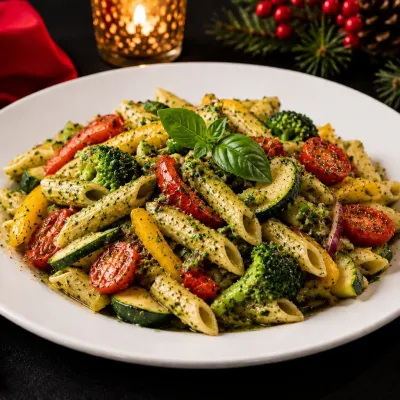 Pasta with pesto, broccoli, tomatoes, and basil on a white plate.