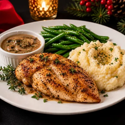Plate with seasoned chicken, mashed potatoes, green beans, and sauce cup, with holiday decor.