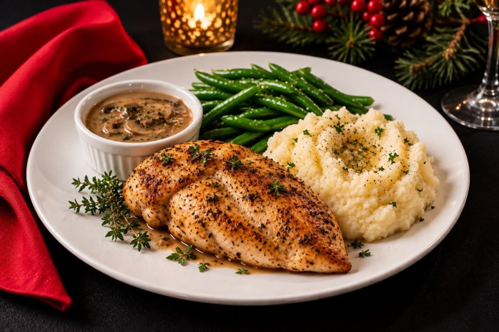 Plate with seasoned chicken, mashed potatoes, green beans, and sauce cup, with holiday decor.