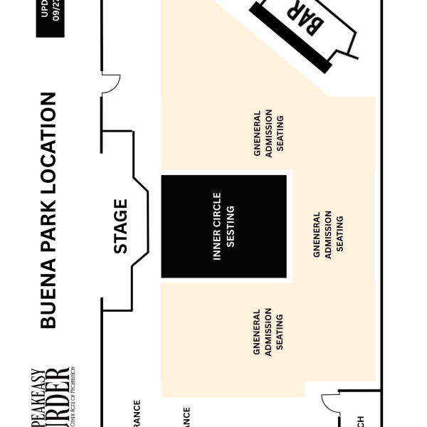 Event seating layout with stage, bar, entrances, and seating areas labeled.