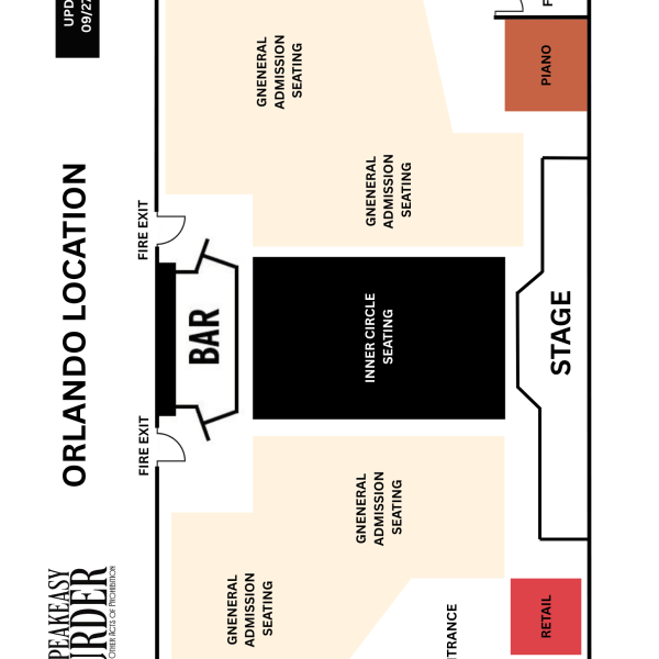 Layout of a venue with stage, bar, seating, and exits marked.